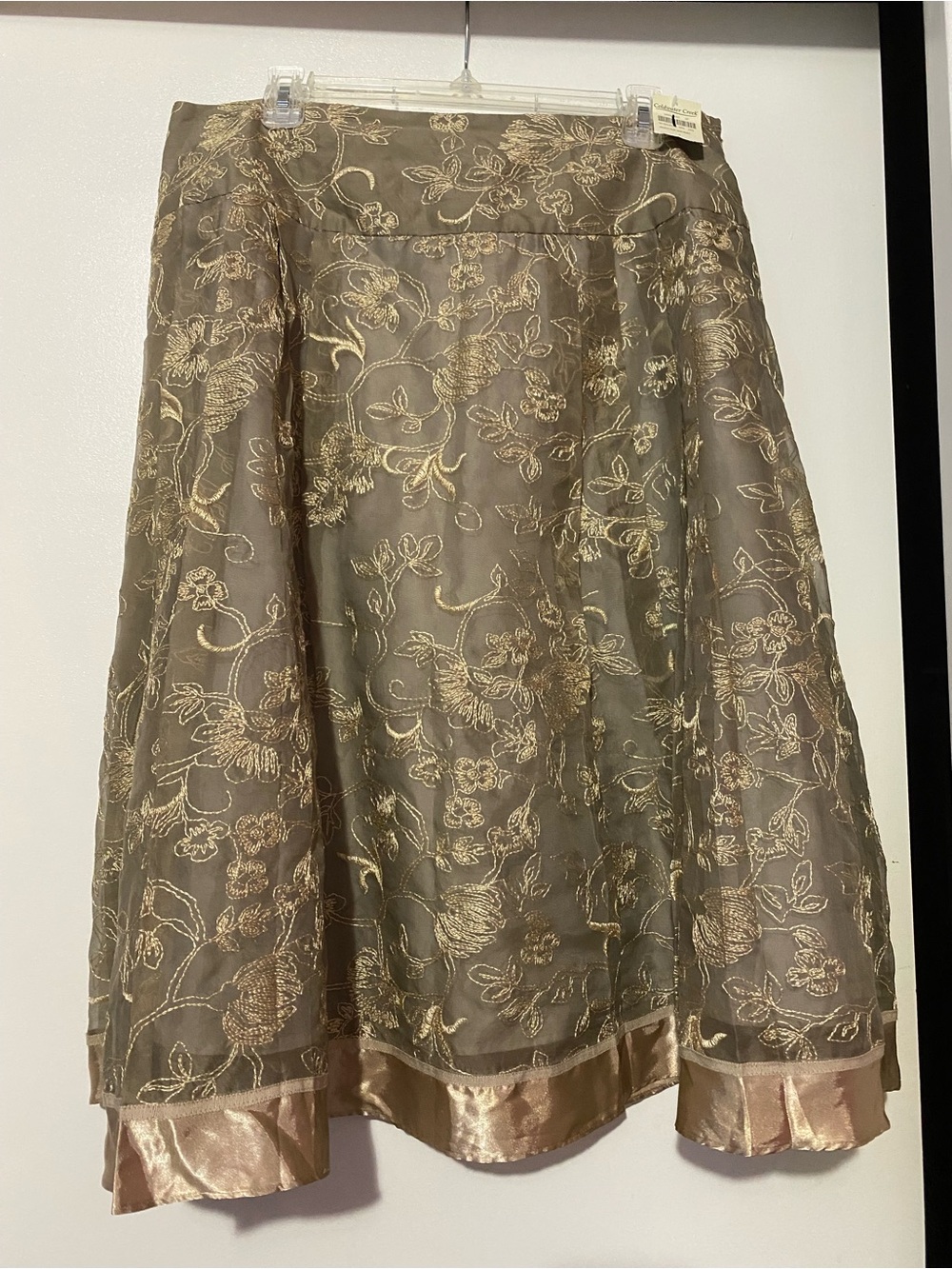NWT Coldwater Creek Silk Cross Taupe & Gold Skirt with Gold Embroidery